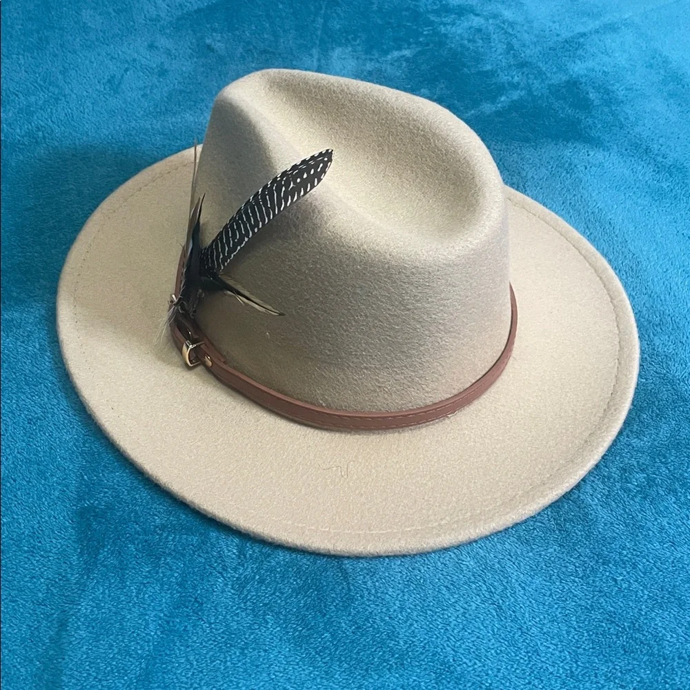 Tan Beige Women's Felt Fedora Western Cowboy Hat Brown Belt Tall  Feather Accent